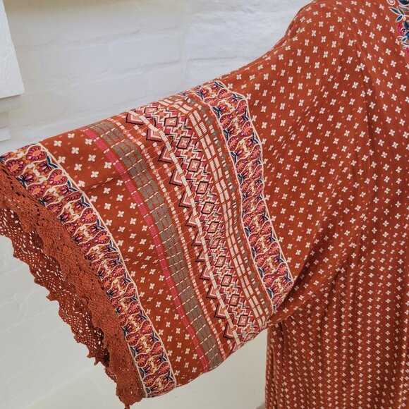 Angie Womens Kimono Duster Small Long Rust Orange Red Floral Polka Dot Pattern - Picture 4 of 10